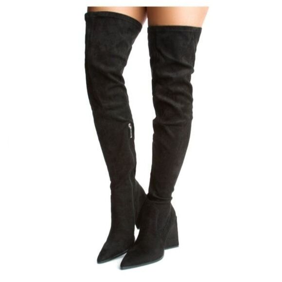 Women's Black Over The Knee pointed Chunky Block Heel Boots - Picture 1 of 6